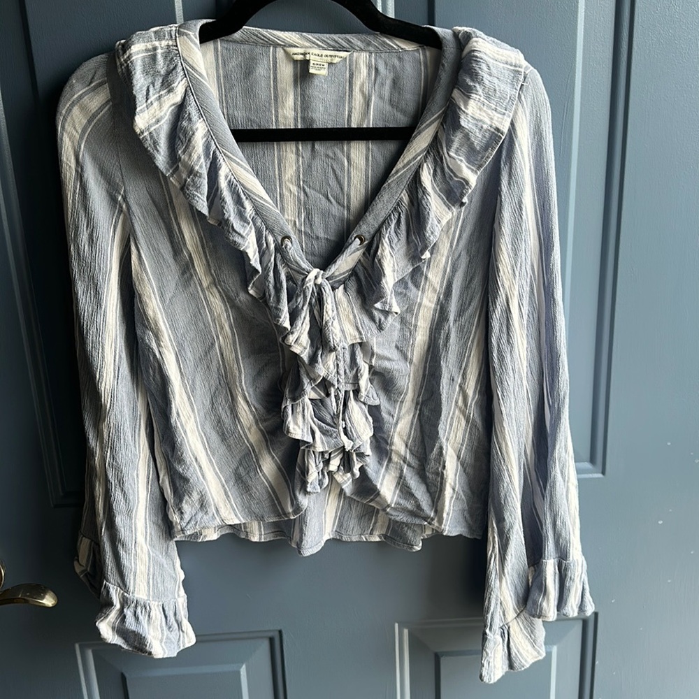 American Eagle Outfitters blue / white strip lace up front size small top